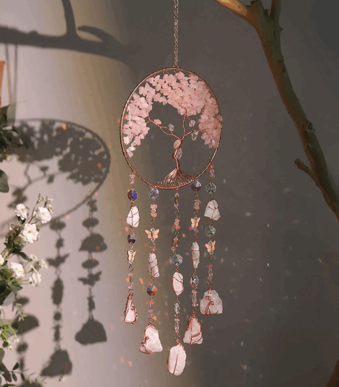 Móbile Árvore do Amor – Rosa Quartzo e Luzes de Cristal